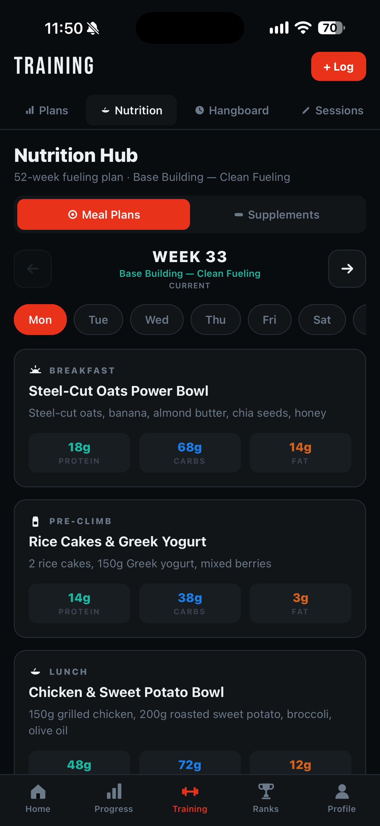 VerticalClimb nutrition hub — daily meal plan with macros by meal