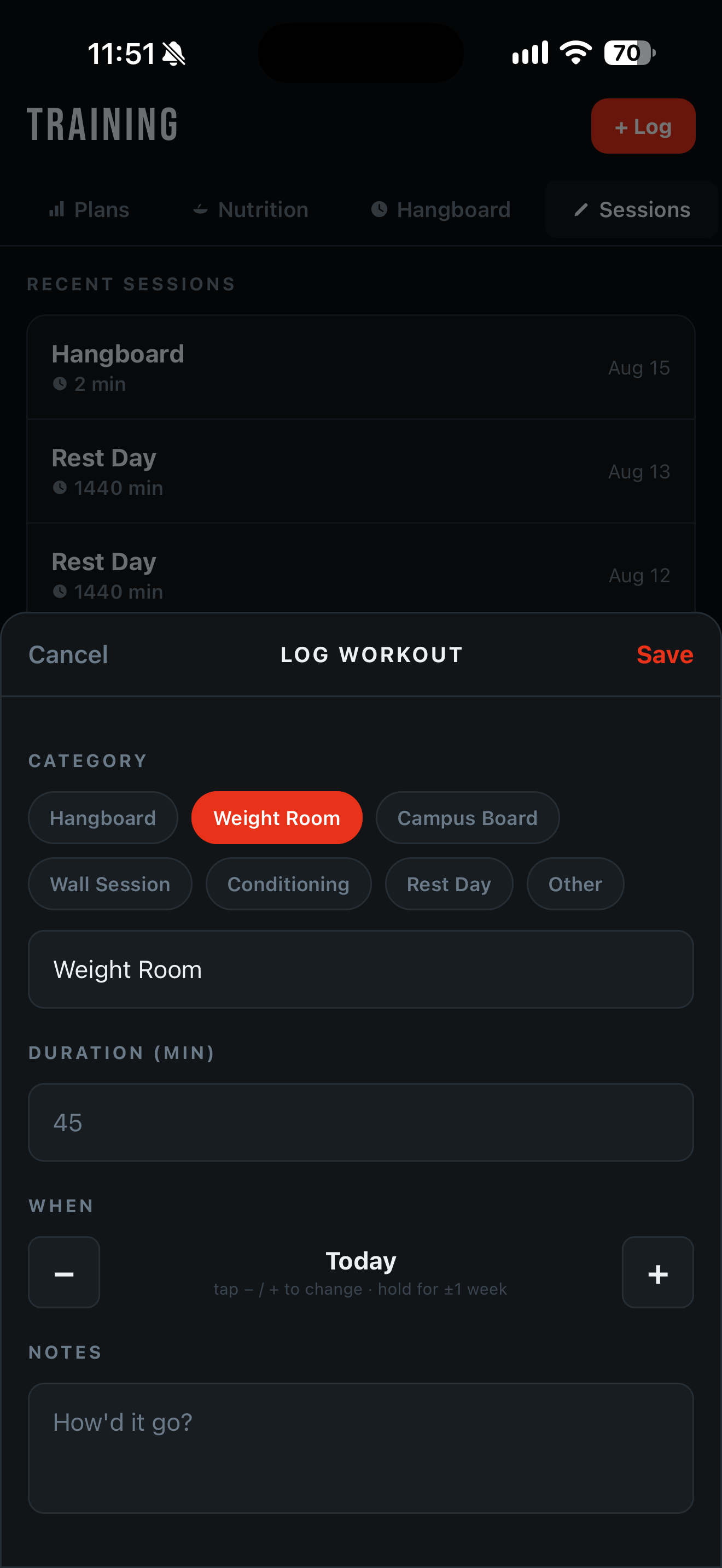 VerticalClimb training sessions — logging a weight room workout alongside recent hangboard and rest day sessions